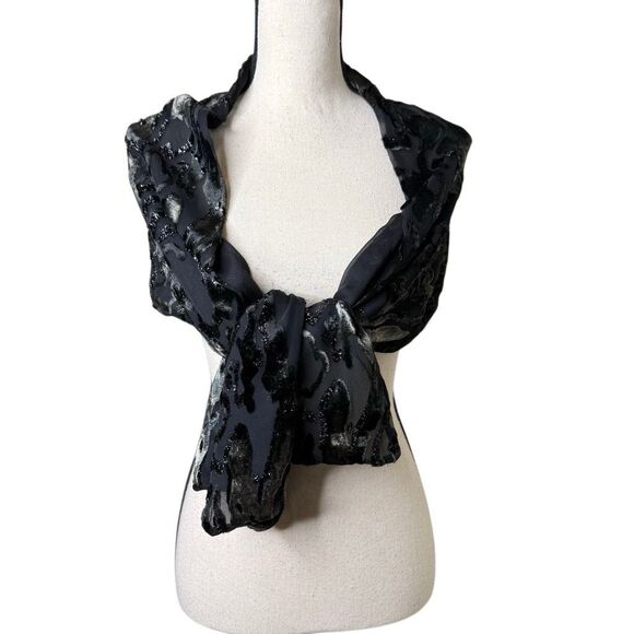 Italian Black & Tan Silk Velvet Burnout Scarf, Fairy Grunge, Gala - Picture 1 of 10